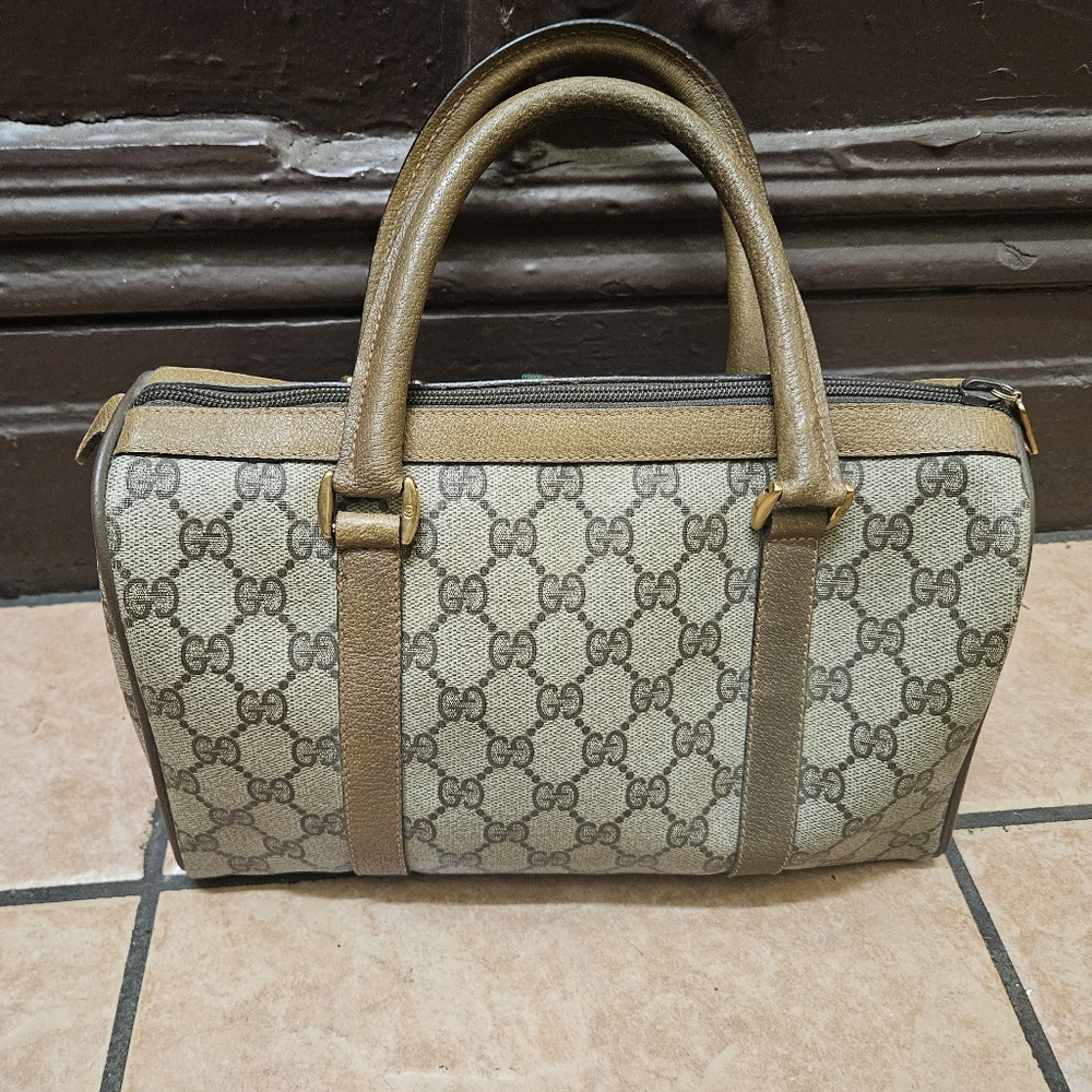 Gucci Beige and Brown Boston Women's Handbag Good Vintage Condition Authentic - Picture 3 of 13